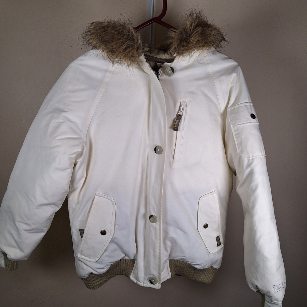 Woolrich‎ Womens Arctic Jacket White Goose Down Faux Fur Hood Bomber  Small